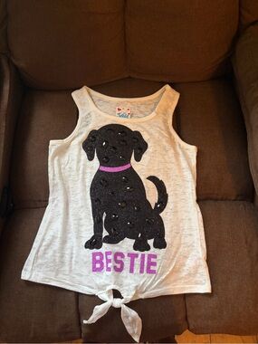 NWOT Justice Girls' White Tank Top with Black Dog Graphic/Glitter/Stone Accents